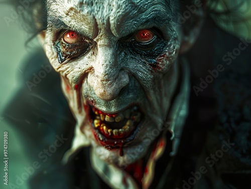 Close Up Of A Terrifying Zombie Face With Blood And Decay