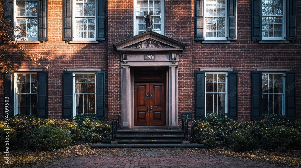 Fototapeta premium A brick building entrance with a wooden door, surrounded by greenery and windows.