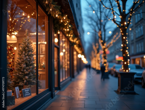 Stimmungsvolle Black Friday Einkaufsstraße bei Abenddämmerung