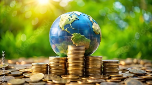 Global Finance Theme, Globe resting on coins ,Represents money and wealth concepts background 