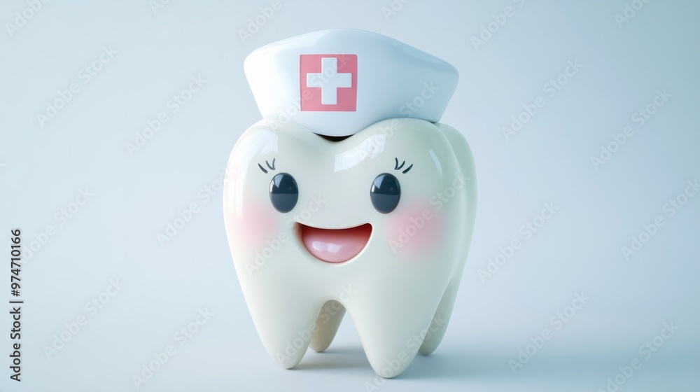 A 3D cute tooth character wearing a nurse hat, isolated on a white background