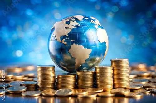 Global Finance Theme, Globe resting on coins ,Represents money and wealth concepts background 