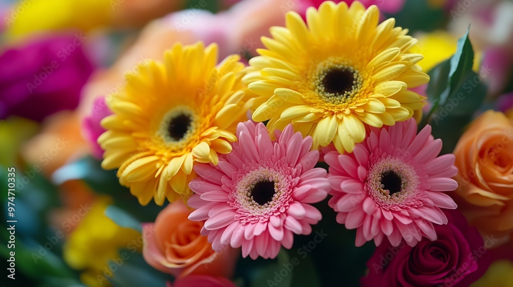 A colorful bouquet featuring a mix of vibrant spring flowers including yellow roses pink gerberas and orange daisies : Generative AI A colorful bouquet featuring a mix of vibrant spring flowers including yellow roses pink gerberas and orange daisies : Generative AI