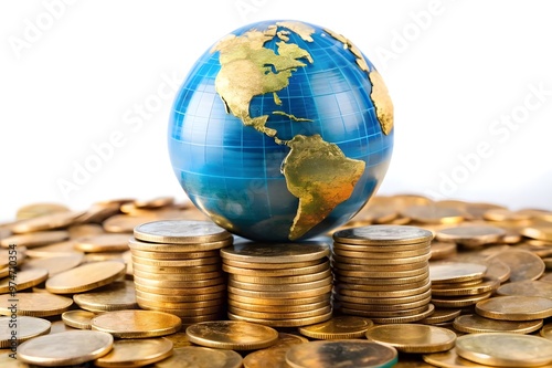 Global Finance Theme, Globe resting on coins ,Represents money and wealth concepts background 