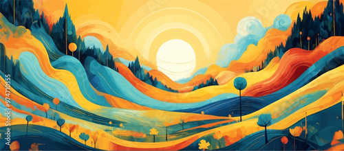 Set of wedding invitation with watercolor aquarelle landscape mountain background