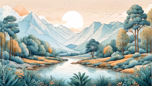 Set of wedding invitation with watercolor aquarelle landscape mountain background. 