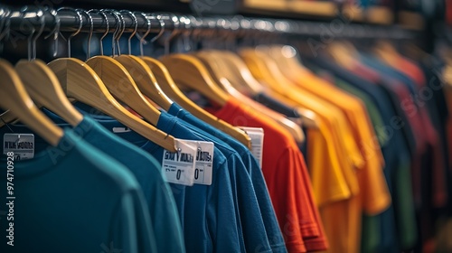 Different sized hanger with colourful dress size tags XL L M XS t shirts displayed in shop for sale : Generative AI