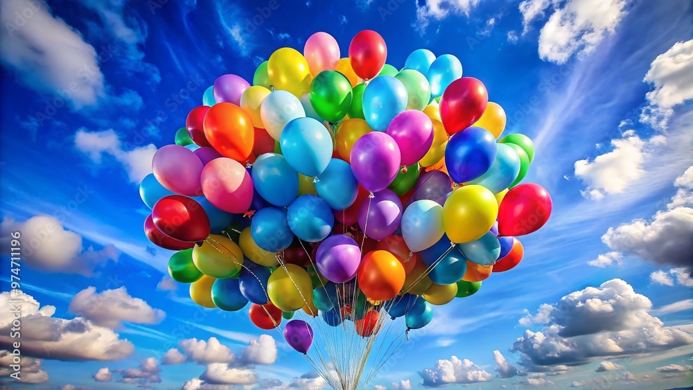 Vibrant multi-colored balloons in various shapes and sizes, tied together in a bunch, floating upwards against a bright blue sky with few white clouds. Vibrant multi-colored balloons in various shapes and sizes, tied together in a bunch, floating upwards against a bright blue sky with few white clouds.