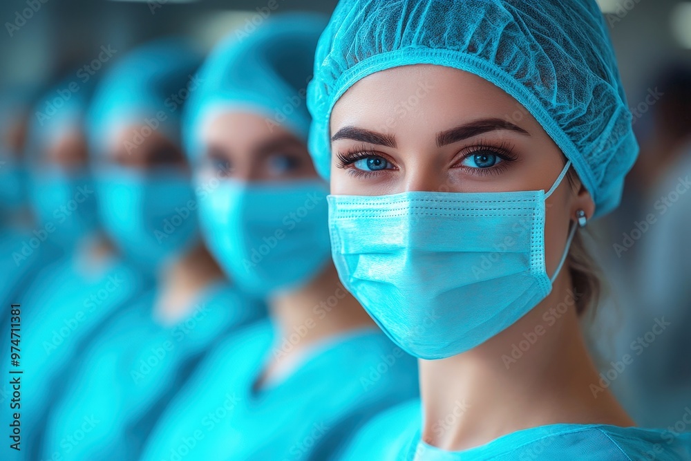 Focused Determination: A row of female medical professionals, their faces obscured by masks, gaze intently forward, their eyes reflecting unwavering commitment and focus. Focused Determination: A row of female medical professionals, their faces obscured by masks, gaze intently forward, their eyes reflecting unwavering commitment and focus.