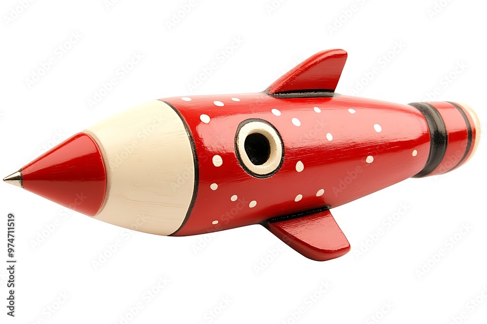 Red and White Wooden Rocket Toy with White Polka Dots.