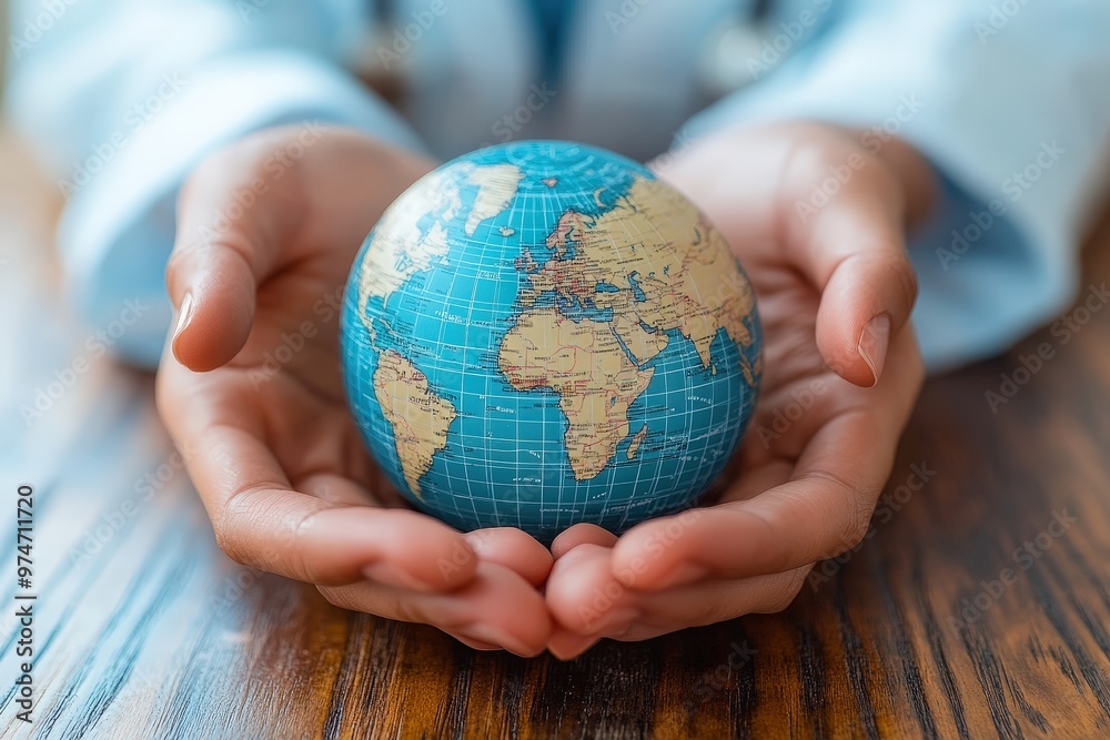 Protecting Our Planet: A doctor's hands cradle a miniature globe, symbolizing their commitment to safeguarding global health and well-being. The image evokes a sense of care, responsibility, and the i