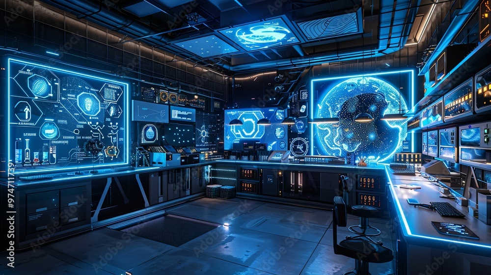 Futuristic Control Room with Holographic Displays and Data Visualizations Futuristic Control Room with Holographic Displays and Data Visualizations
