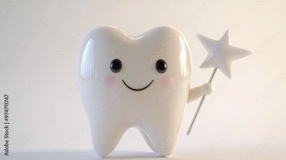 A 3D cute tooth holding a small tooth fairy wand, isolated on a clean white background A 3D cute tooth holding a small tooth fairy wand, isolated on a clean white background