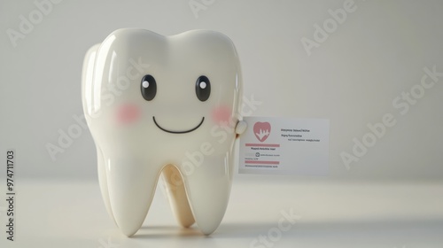 A 3D cute tooth holding a small dental certificate, smiling brightly on a white background -