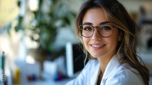 Portrait of happy young female dermatologist skin therapist beautician and skincare professional at work Beautiful woman in clean white coat uniform and glasses sitting in her office a : Generative AI