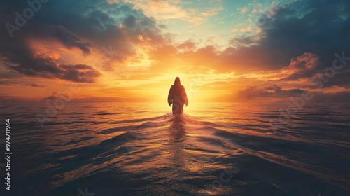 Christ walking on water at sunset  a miraculous display of faith and spiritual serenity photo