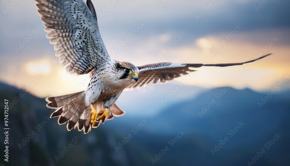 Fototapeta premium Majestic Peregrine Falcon Soaring Gracefully at Dawn, Illuminated by Golden Sunlight, Wings Outstretched in Flight over Mountainous Landscape, Capturing the Power and Freedom of Nature’s Fastest Bird