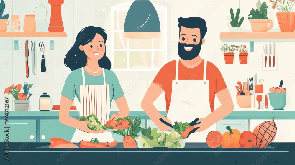 Couple Prepares a Meal Together in a Kitchen