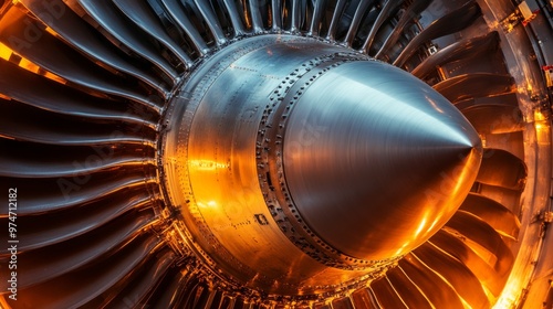 Close-up of an airplane engine turbine. photo