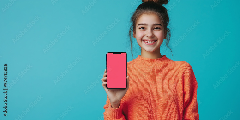 Happy young Latin Gen Z girl holding smartphone with mockup screen, showing new sale app promo, isolated on blue background. Online shopping and mobile app advertisement concepts. Happy young Latin Gen Z girl holding smartphone with mockup screen, showing new sale app promo, isolated on blue background. Online shopping and mobile app advertisement concepts.