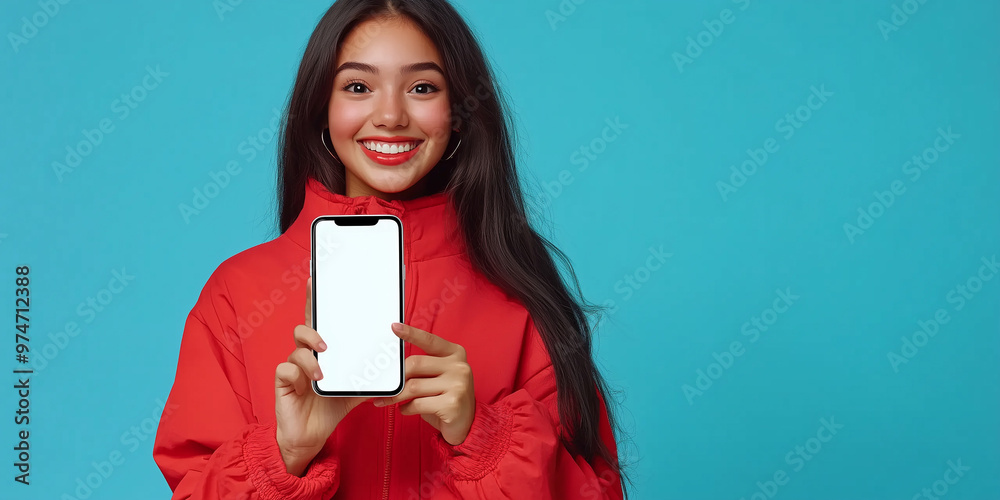 Happy young Latin Gen Z girl holding smartphone with mockup screen, showing new sale app promo, isolated on blue background. Online shopping and mobile app advertisement concepts. Happy young Latin Gen Z girl holding smartphone with mockup screen, showing new sale app promo, isolated on blue background. Online shopping and mobile app advertisement concepts.