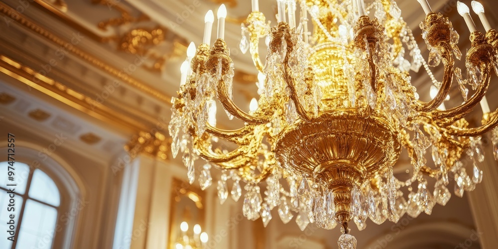 A grand golden chandelier with crystal accents. A grand golden chandelier with crystal accents.