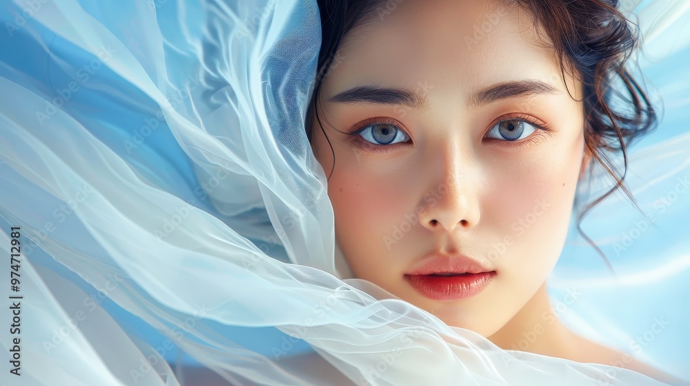 Azure Gaze: A young woman with captivating blue eyes peers through sheer blue fabric, her ethereal beauty radiating tranquility and intrigue. Azure Gaze: A young woman with captivating blue eyes peers through sheer blue fabric, her ethereal beauty radiating tranquility and intrigue.