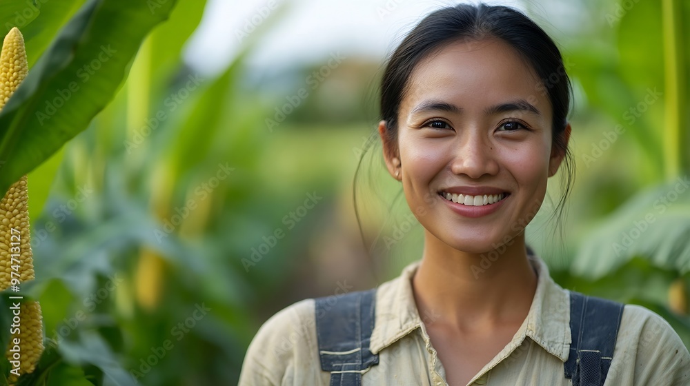 Environment farming and portrait of woman with smile for agriculture growth and production in nature Happy farmer face and pride at countryside for eco friendly with agro sustainable b : Generative AI