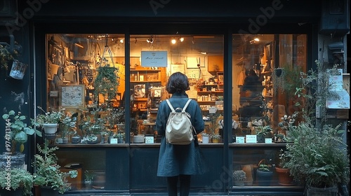 Charming boutique owner artistically arranging the display window to attract fashion-forward customers.