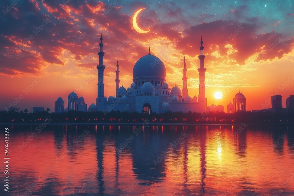 Fototapeta premium majestic mosque silhouette at sunset crescent moon starry sky intricate islamic architecture colorful lanterns eid celebrations reflections in tranquil water ethereal atmosphere