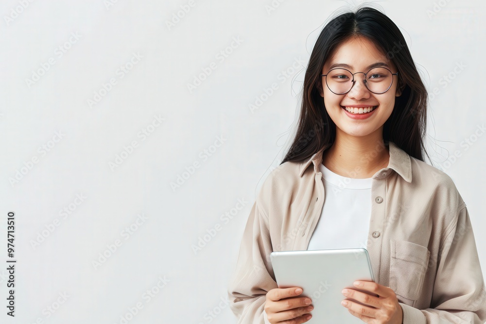 Tech-Savvy Student's Smile: A young Asian woman exudes confidence and intelligence, holding a tablet with a bright smile against a clean, white background. Tech-Savvy Student's Smile: A young Asian woman exudes confidence and intelligence, holding a tablet with a bright smile against a clean, white background.
