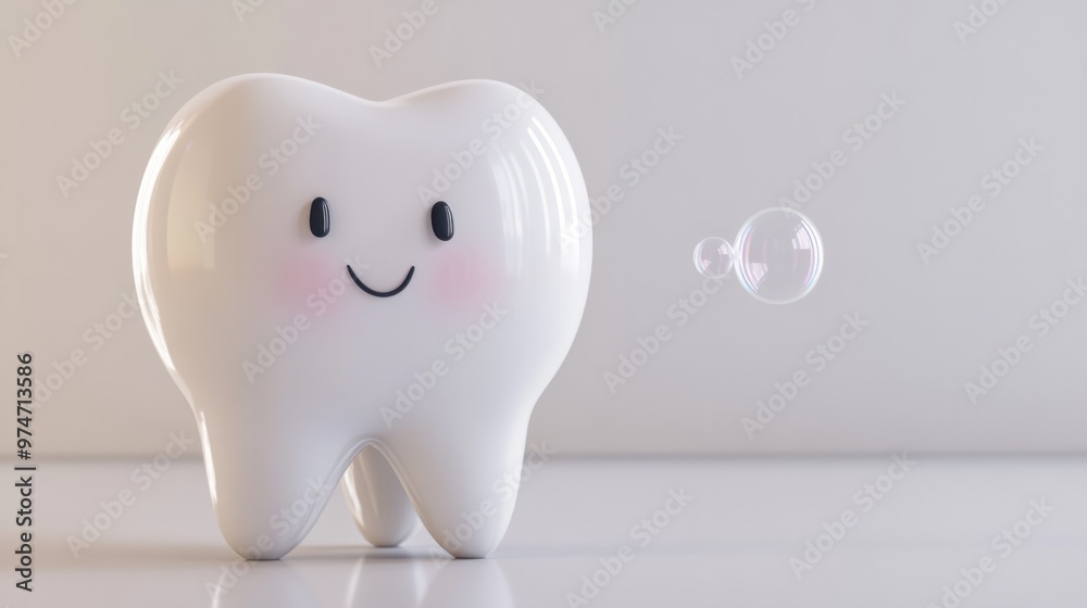 A 3D tooth character blowing a bubble, standing alone on a clean white backdrop A 3D tooth character blowing a bubble, standing alone on a clean white backdrop