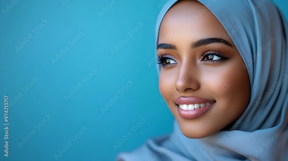 Beautiful smiling arabic woman wearing stylish traditional hijab looking away isolated on blue background Happy African American religious student posing in studio Fashion concept : Generative AI