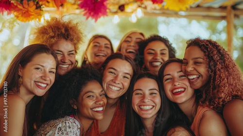 Happy Multicultural Group of Women at a Colorful Celebration