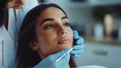 Dermatologist examining skin on womans face Beautician doing beauty procedure in her office Young lady getting professional help during appointment visit to expert in cosmetology and d : Generative AI photo