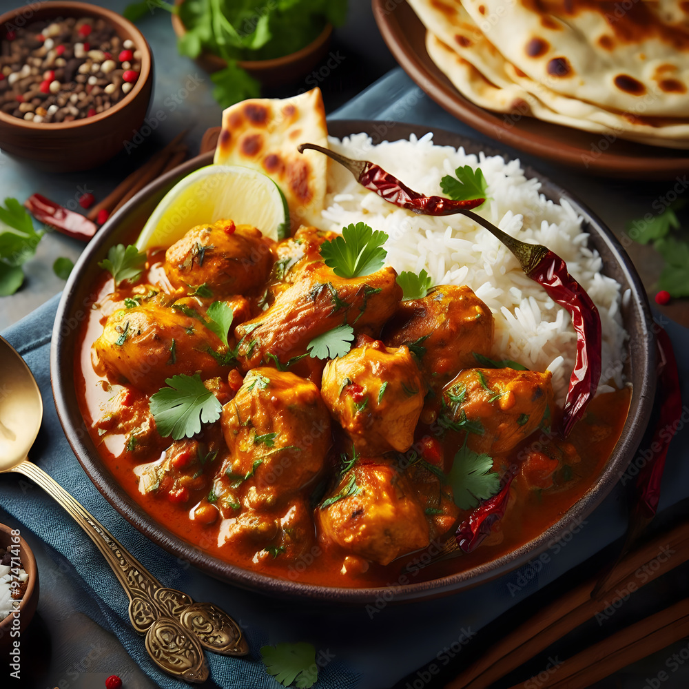 Indian chicken curry tikka masala with rice and naan bread. AI Generated Indian chicken curry tikka masala with rice and naan bread. AI Generated
