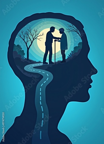 a silhouette of a man and his old father in the silhouette of a head