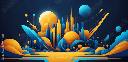 Vibrant Abstract Wave of Smart City with Multilayered Color Texture and Digital Elements - Global Technology and Social Network Concept for Web Banner Design