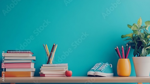 Study space perfection side view photo of desk displaying school supplies pencil holder ruler stack of books sticky note water bottle apple sneakers plant against blue wall with space : Generative AI