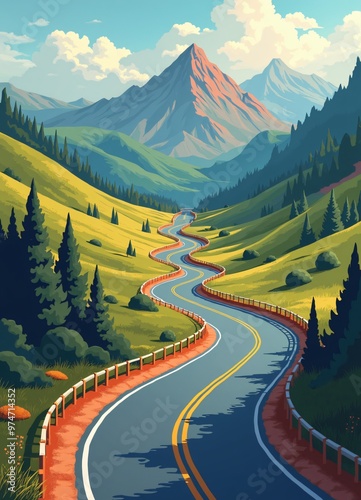 a painting of a road that has a mountain in the background