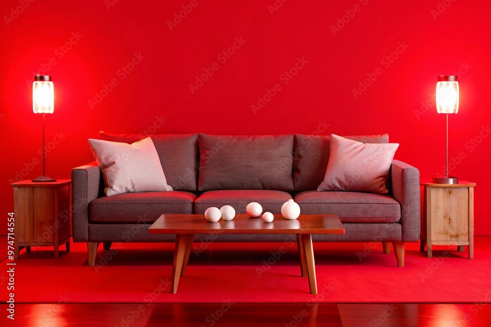 Interior of modern living room with grey sofa, wooden coffee table and glowing lamps at evening Interior of modern living room with grey sofa, wooden coffee table and glowing lamps at evening