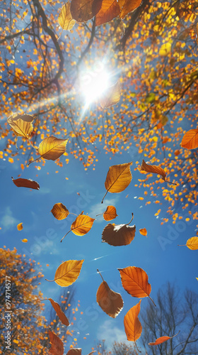 Falling Autumn Leaves Against Bright Sun and Blue Sky