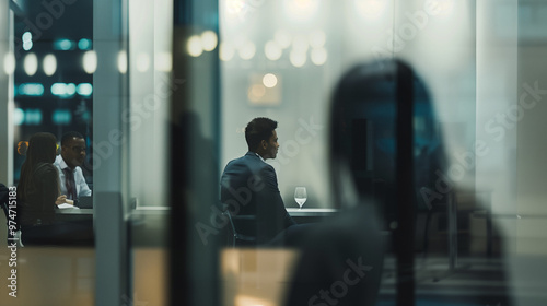 Modern office couple discreetly exchanging smiles during break, capturing subtle workplace romance and connection amidst blurred coworkers. photo