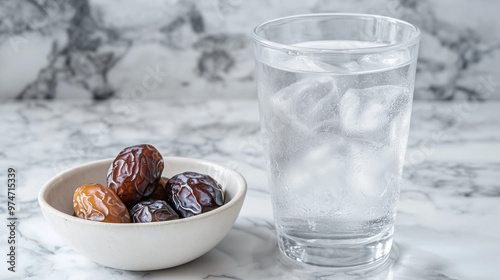 Fresh Dates and Ice Water on Marble Surface with Cool Tones