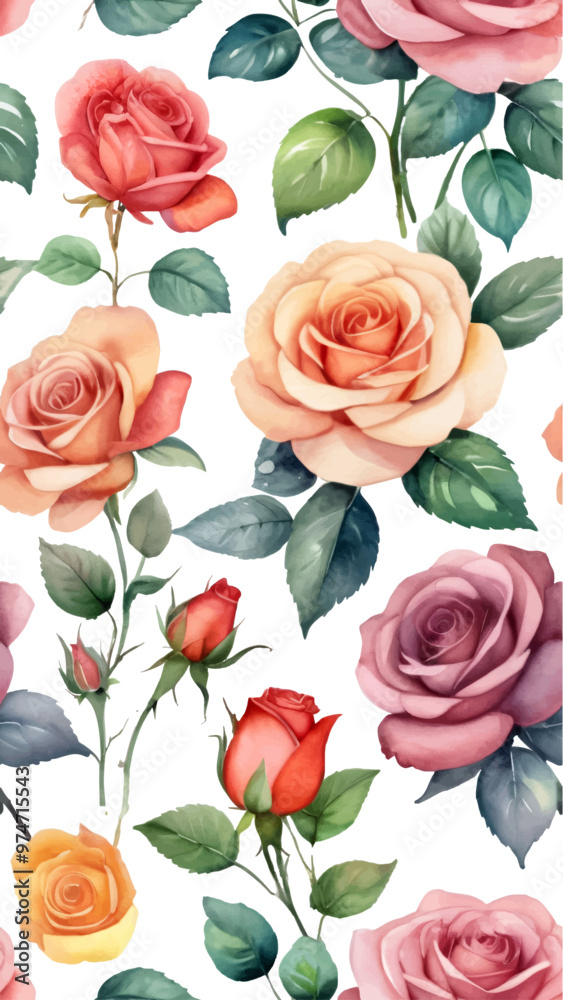 Naklejka premium Beautiful seamless vector floral pattern, spring summer background with tropical flowers, palm leaves, jungle leaf, rose, bird of paradise flower. Exotic wallpaper, Hawaiian style, watercolor style
