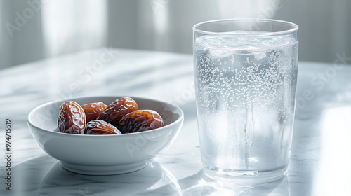 Dates with Sparkling Ice Water in Bright Morning Light on Marble Table