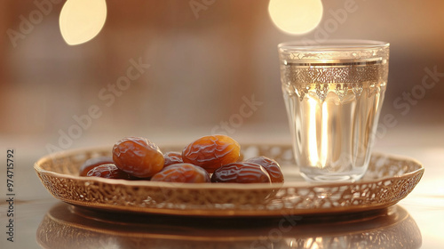 Dates with Water in Ornate Glass on Intricate Tray with Warm Light