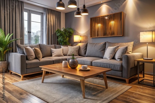 Interior of modern living room with grey sofa, wooden coffee table and glowing lamps at evening