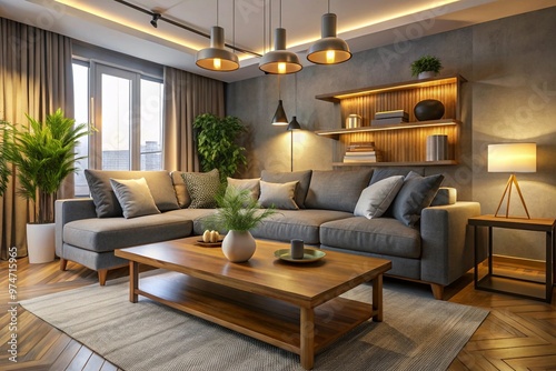 Interior of modern living room with grey sofa, wooden coffee table and glowing lamps at evening