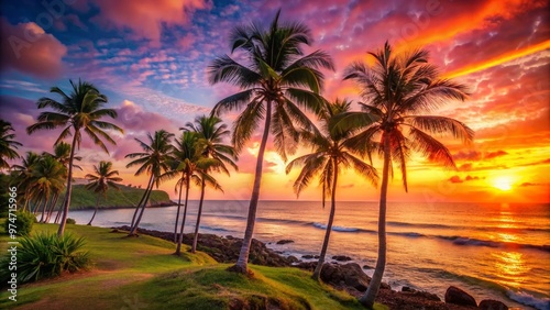 Vibrant orange and pink hues illuminate a serene coastal landscape, palm trees silhouetted against a fading sky, as the sun dips below the horizon.